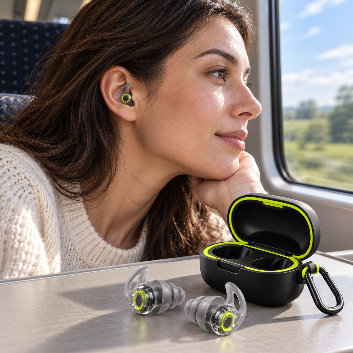 Graphite Lime Silicone Earplugs with Clip-On Storage Case