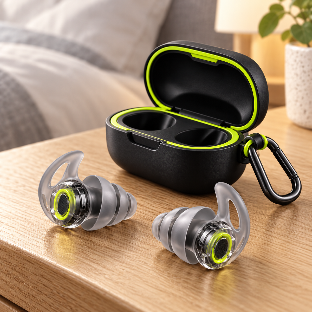 Graphite Lime Silicone Earplugs with Clip-On Storage Case