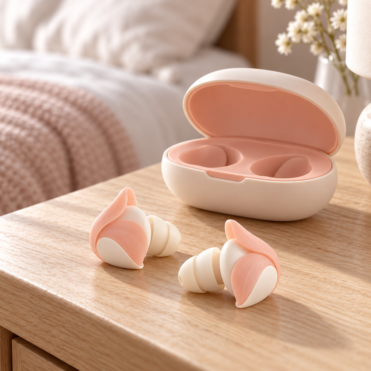 Peach Petal Silicone Earplugs with Oval Storage Case