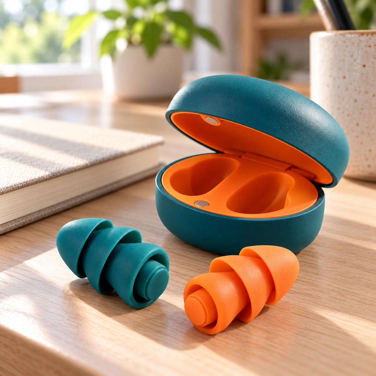 Teal & Orange Silicone Earplugs with Two-Tone Storage Case