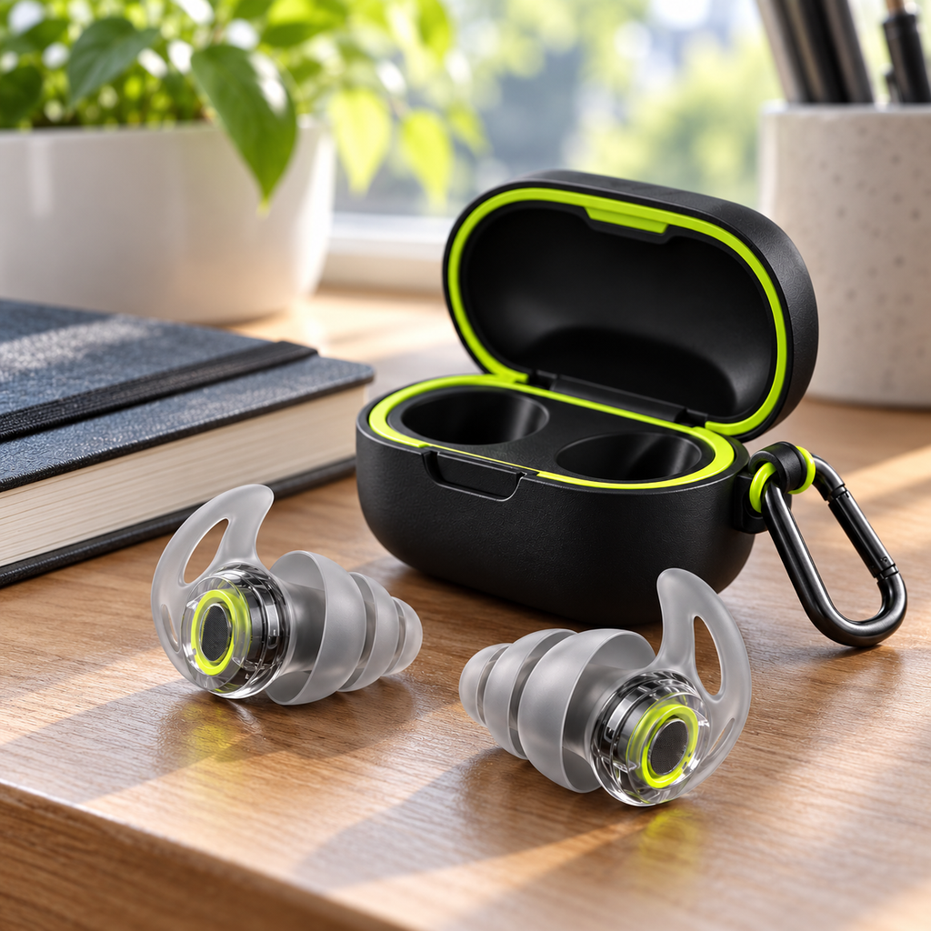 Graphite Lime Silicone Earplugs with Clip-On Storage Case