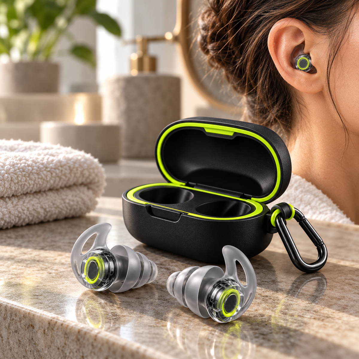 Graphite Lime Silicone Earplugs with Clip-On Storage Case