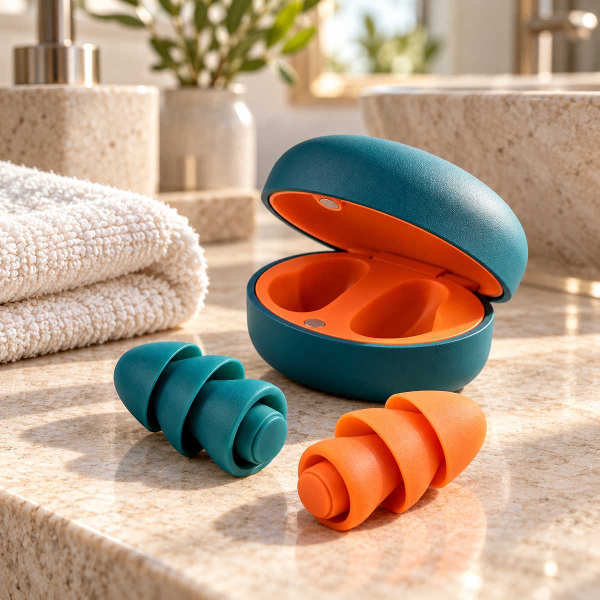 Teal & Orange Silicone Earplugs with Two-Tone Storage Case