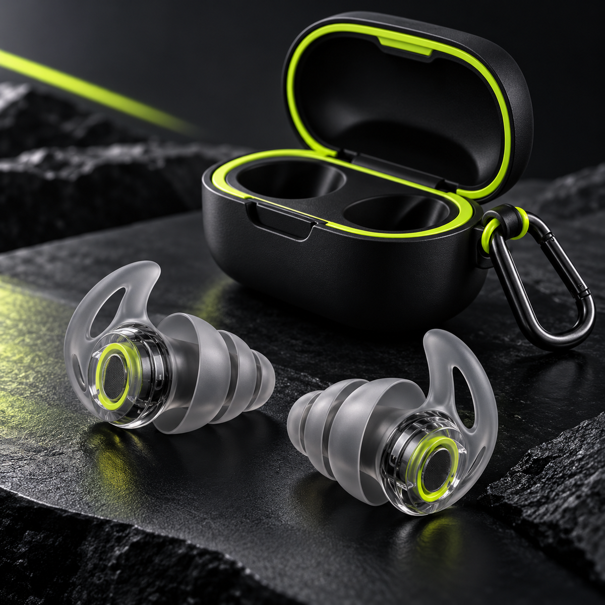 Graphite Lime Silicone Earplugs with Clip-On Storage Case